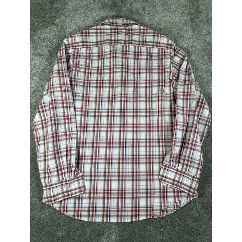 Banana Republic Men Large Plaid Button Down Shirt Red White Blue Roll Tab Cotton